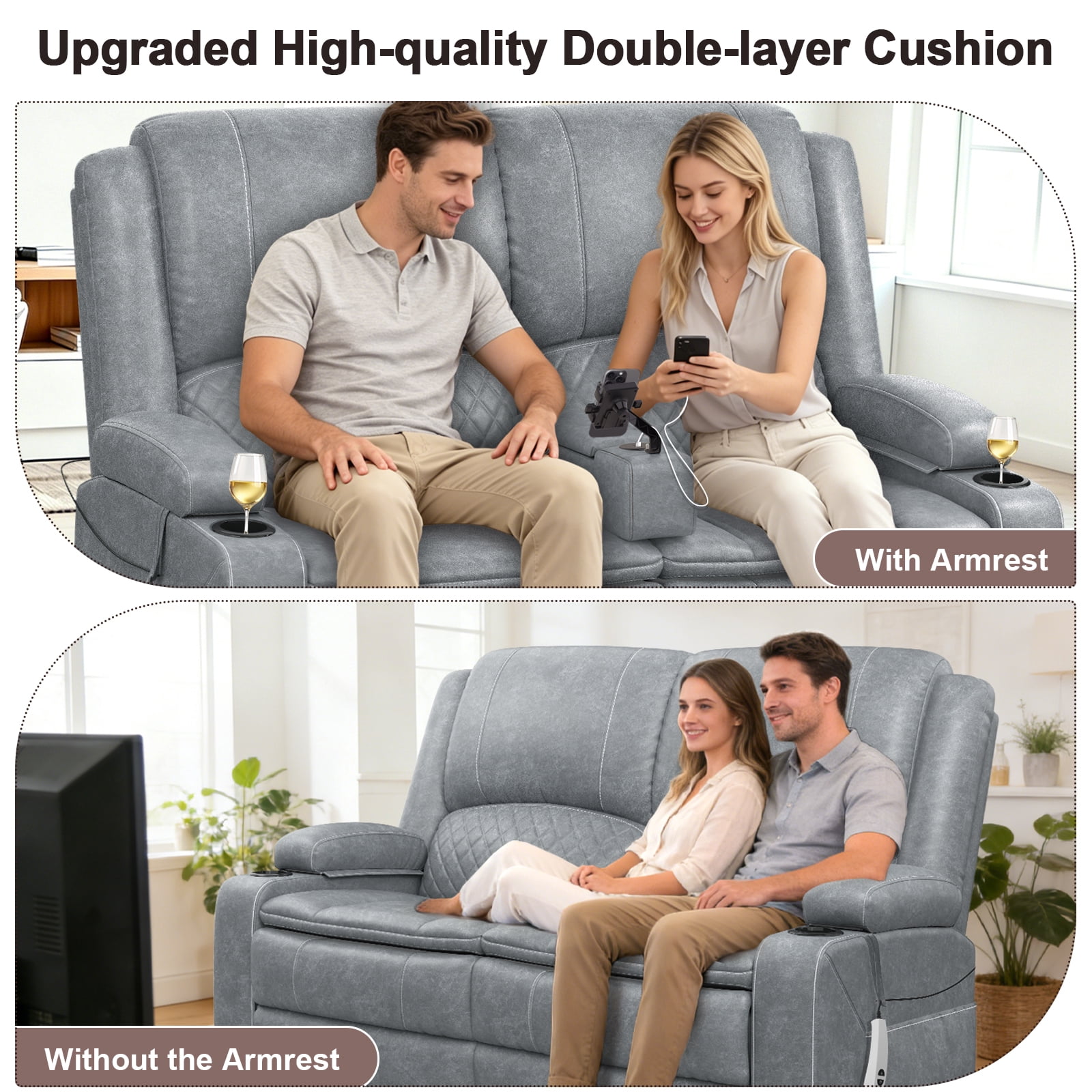 Power Reclining Loveseat with USB Port, Storage Console, Removable Armrests, Wall-Hugger Design, Double Cushions Faux Leather, Light Gray