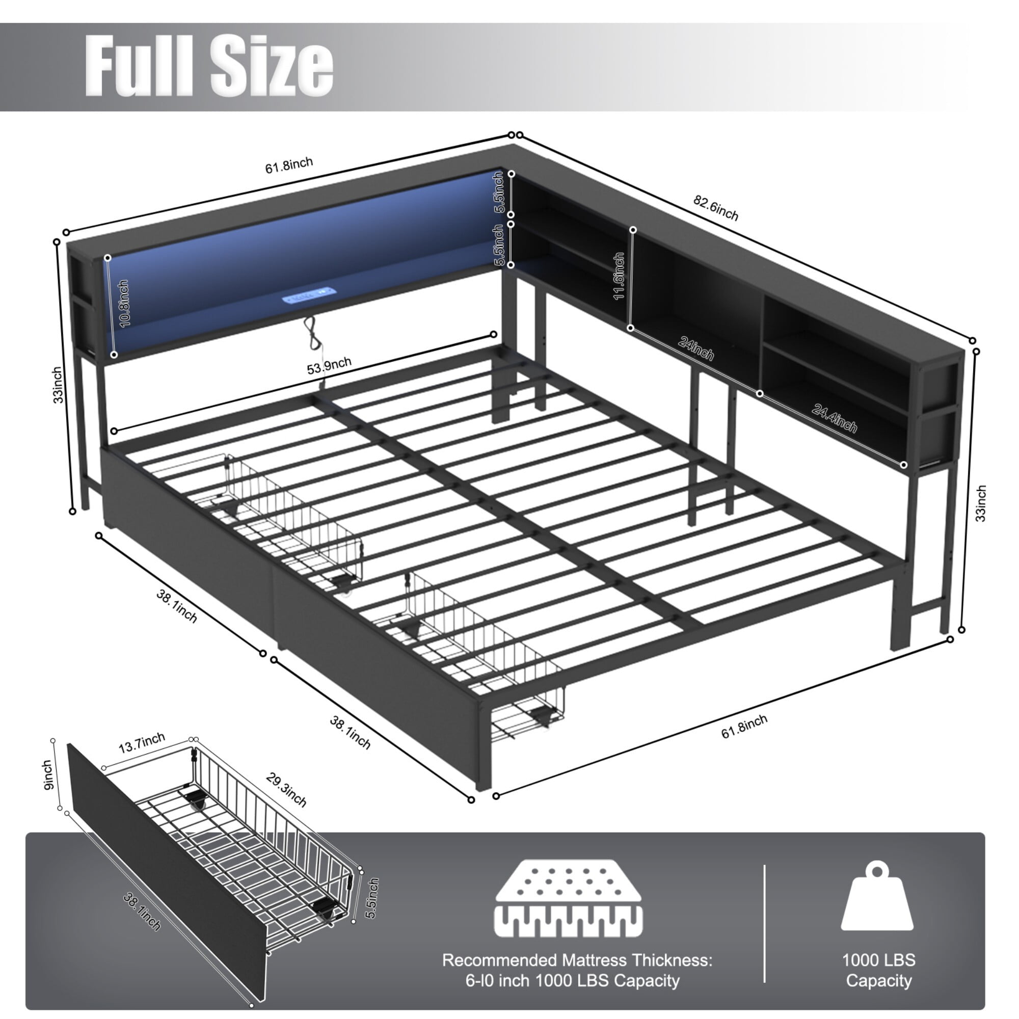 AENKYO Full Size Corner Bed Frame with Charging Station, Smart LED Lights, Bookshelf Headboard & 2 Drawers, Black