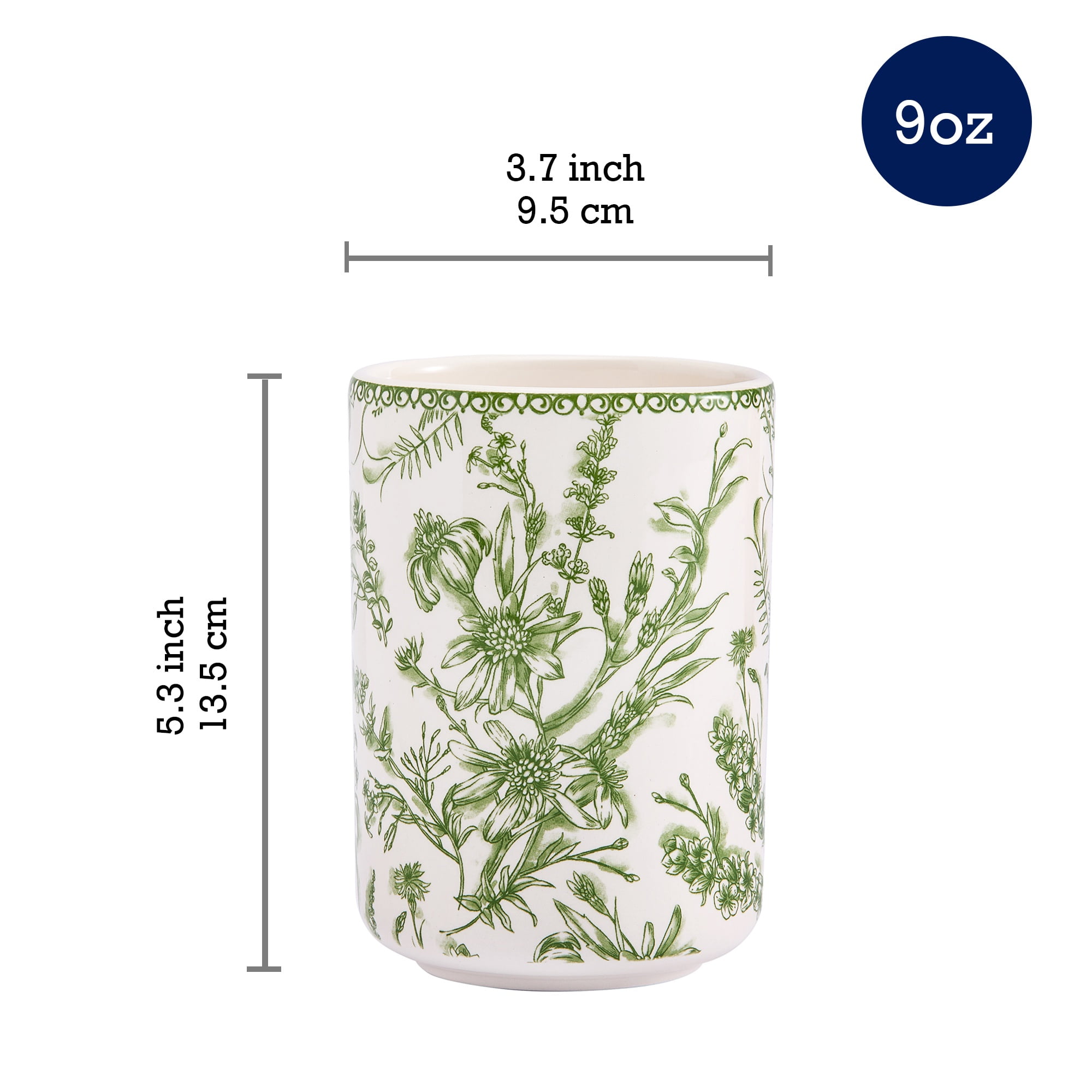 Bico Green Garden Toile De Jouy Ceramic Utensil Holder Set of 2, Ceramic Kitchen Utensil Crocks for Countertop, Large Cooking Tool Holder Counter Decor, Spatula Organizer