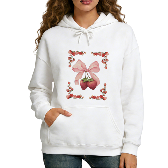 Strawberry Ribbon Print hoodie Graphic Sweatshirt Women Spring Cute Gift White S 2XL Tops