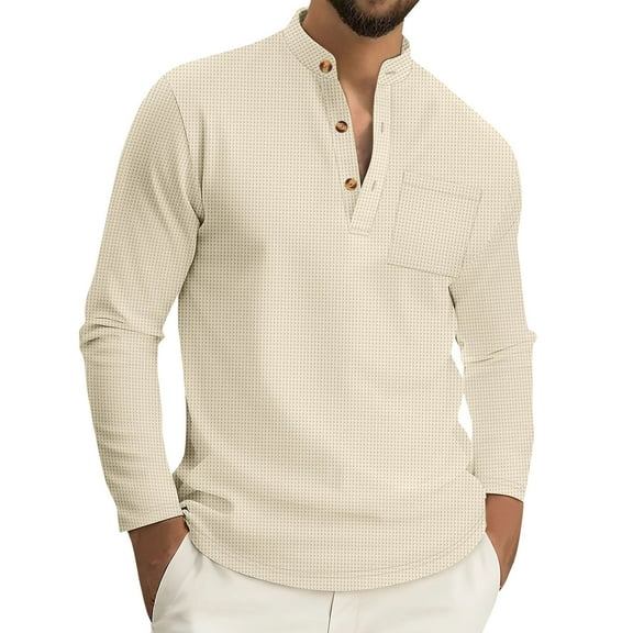 Resicozy Long Sleeve Henley Shirts for Men Casual Waffle Fashion Solid Color Pullover 3-Button T-Shirt with Pockets Khaki 2XL