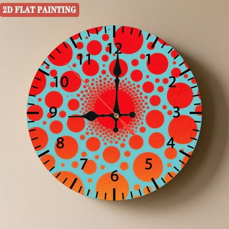 Wooden Wall Clock with Red & Orange Polka Dot Pattern, Silent Movement, Battery Operated (AA Batteries Not Included), Artistic Home Decor, 10×10inch (25×25cm)