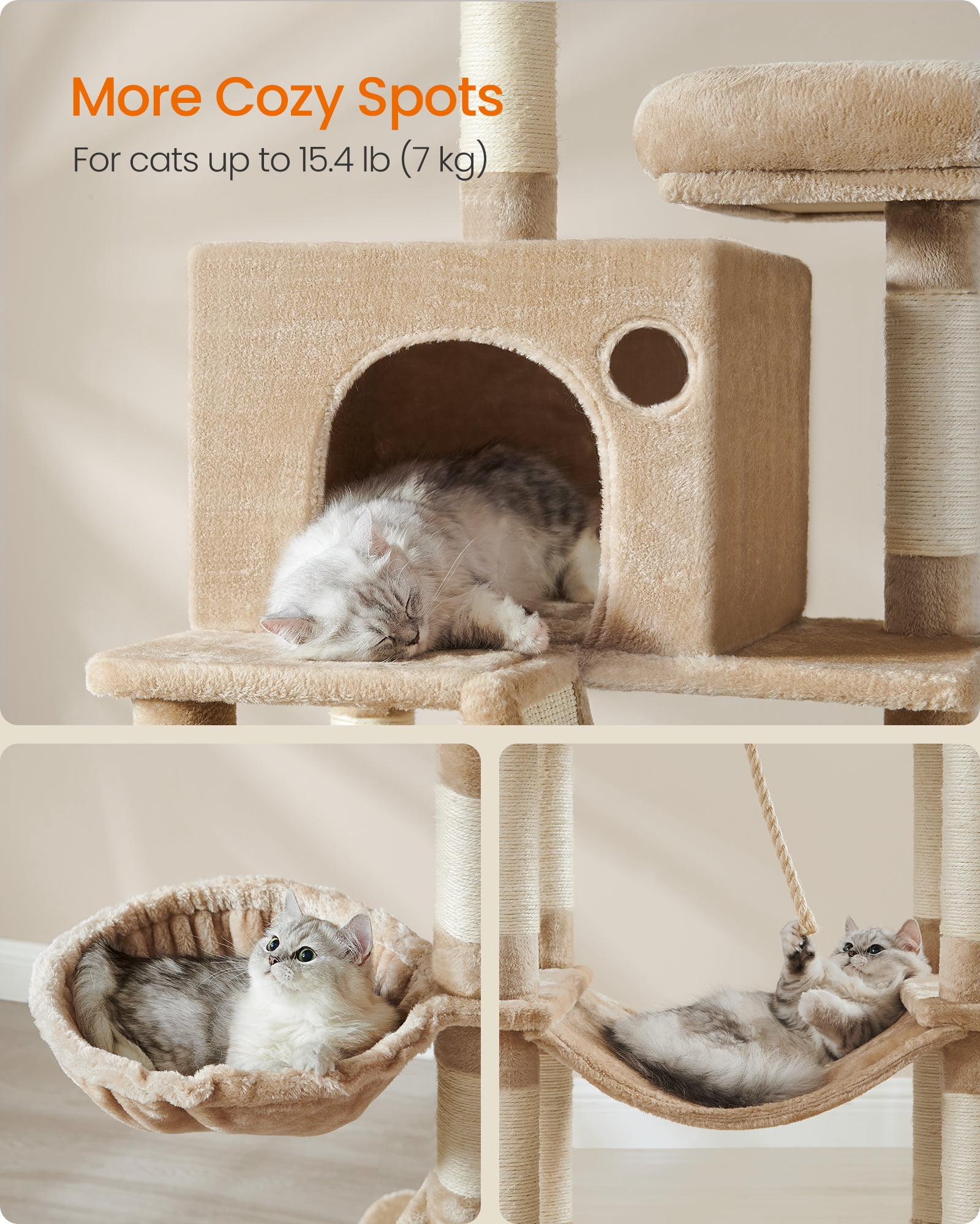 81.1"H Cat Tree Cat Tower for Indoor Cats, Plush Multi-Level Cat Condo with Scratching Posts, Perches, Caves, Hammock, Camel Brown