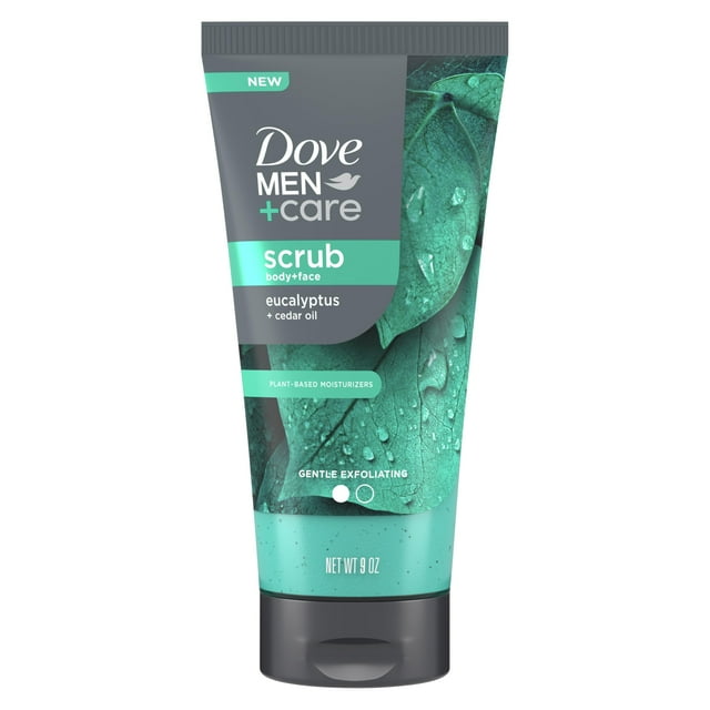 exfoliante corporal y facial dove men+care eucalyptus 100 ml tubo frontal, vista centrada; envase gris oscuro y verde menta con etiqueta 'Dove Men+Care scrub body+face eucalyptus', motivos de hojas con gotas y tapa negra en la base, texto visible 'gentle exfoliating' y peso 100 ml (9 oz); indicado para exfoliación suave y uso en rostro y cuerpo, a menudo usado para revitalizar piel antes del afeitado.