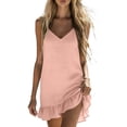 thumbnail image 6 of Pounoo Women's Dresses V Neck Spaghetti Strap Linen Blend Mini Dress With Ruffle Hem Casual Summer Wear Lightweight Breathable Loose Fit Sundresses Gift, 6 of 7