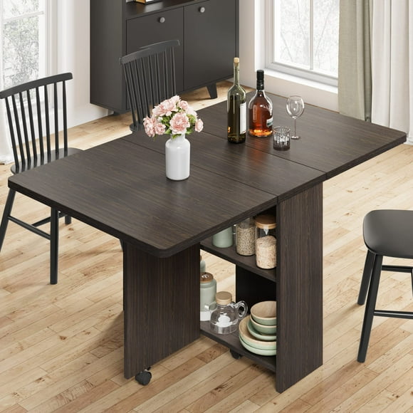 Folding Dining Table, Drop Leaf Dining Table with 6 Wheels and 2-Layer Storage Shelf, Space Saving Dining Table for Small Spaces Dark Walnut