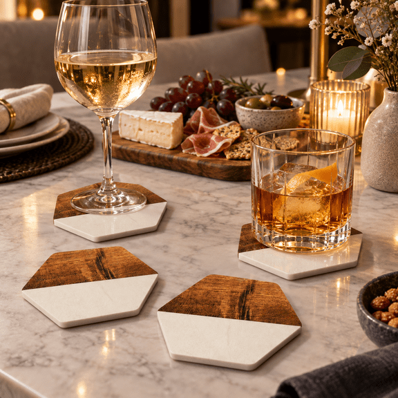 Hexagon Coasters Set of 4, Wooden & Absorbent Ceramic Coasters for Drinks, Modern Geometric Cup Coaster for Coffee Mugs, Wine Glasses, Tabletop Protection, Home Kitchen Decor