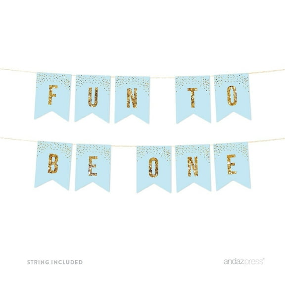 Fun to Be One, Light Blue Gold Glitter 1st Birthday Party Pennant Banner