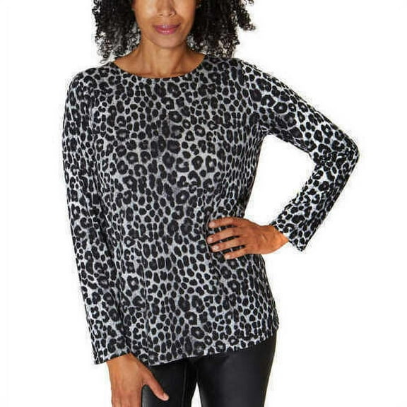 NEW!!! Mario Serrani Italy Womens Crew Neck Long Sleeve Top (Grey Leopard & M)