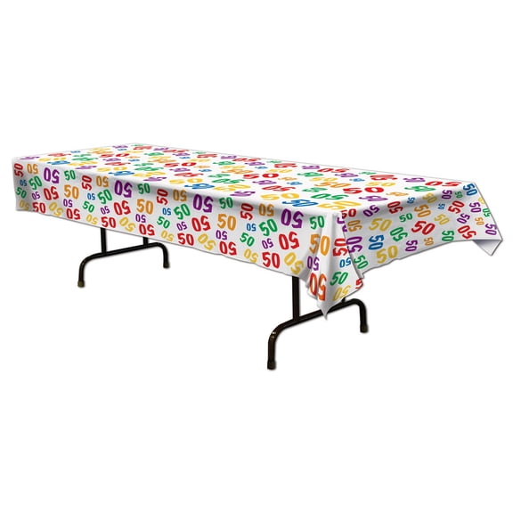 Club Pack of 12 Multi-Colored "50" Disposable Plastic Party Banquet Table Covers 108"