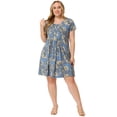 thumbnail image 3 of Vestido de talgrande Agnes Orinda Floral Mancorta Plisado Invertido Azul 2X, 3 of 6
