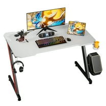 Lacoo Z-Shape 44 inches Gaming Computer Desk Racing Style Office Desk Carbon Fiber Surface with Cup Holder and Headphone Hook, White