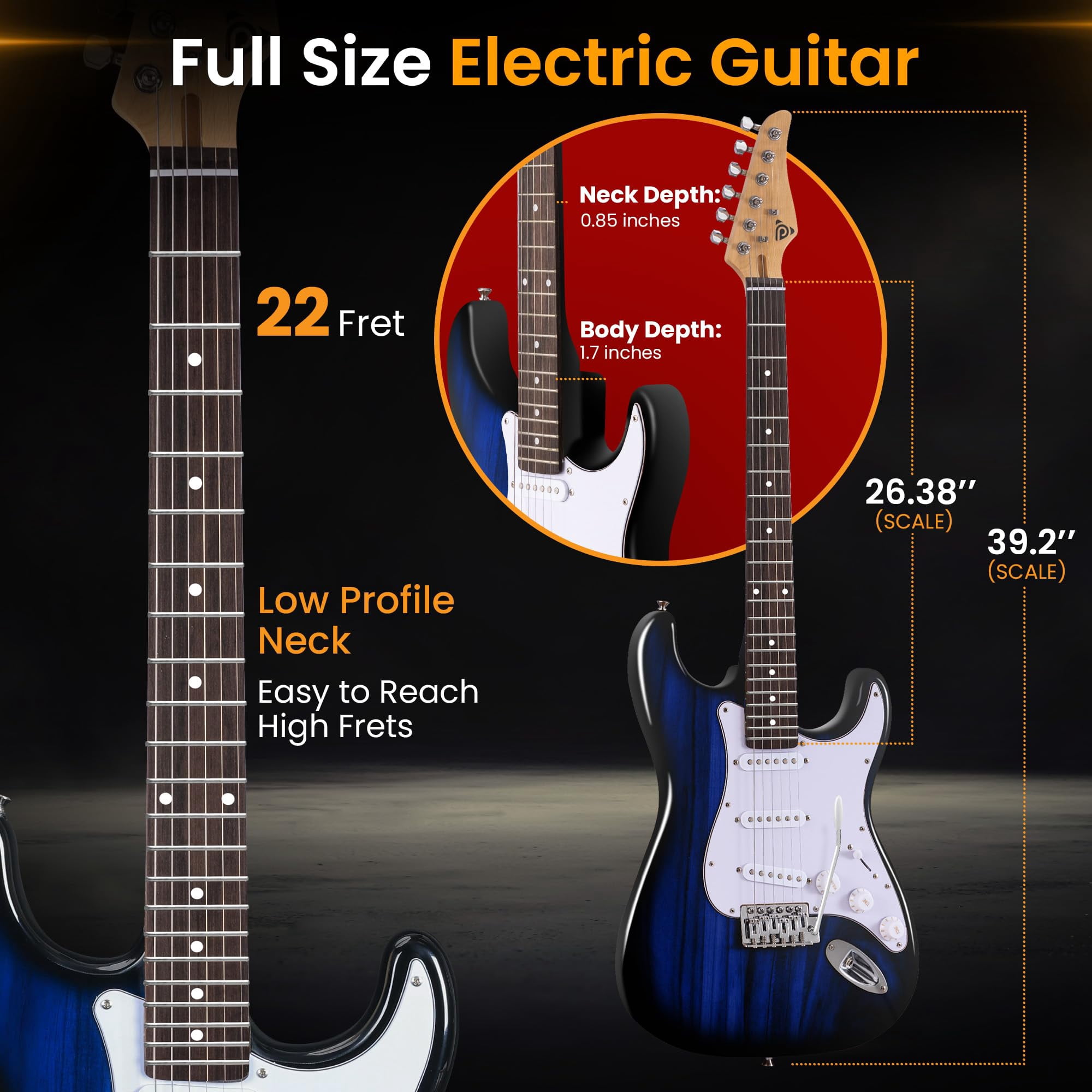 Pyle Full Size Electric Guitar Kit with 5W Amplifier, Gig Bag, Picks, Spare Strings, and Strap, ST-Style Beginner Guitar Bundle with 22 Frets, Paulownia Wood Body, Blue