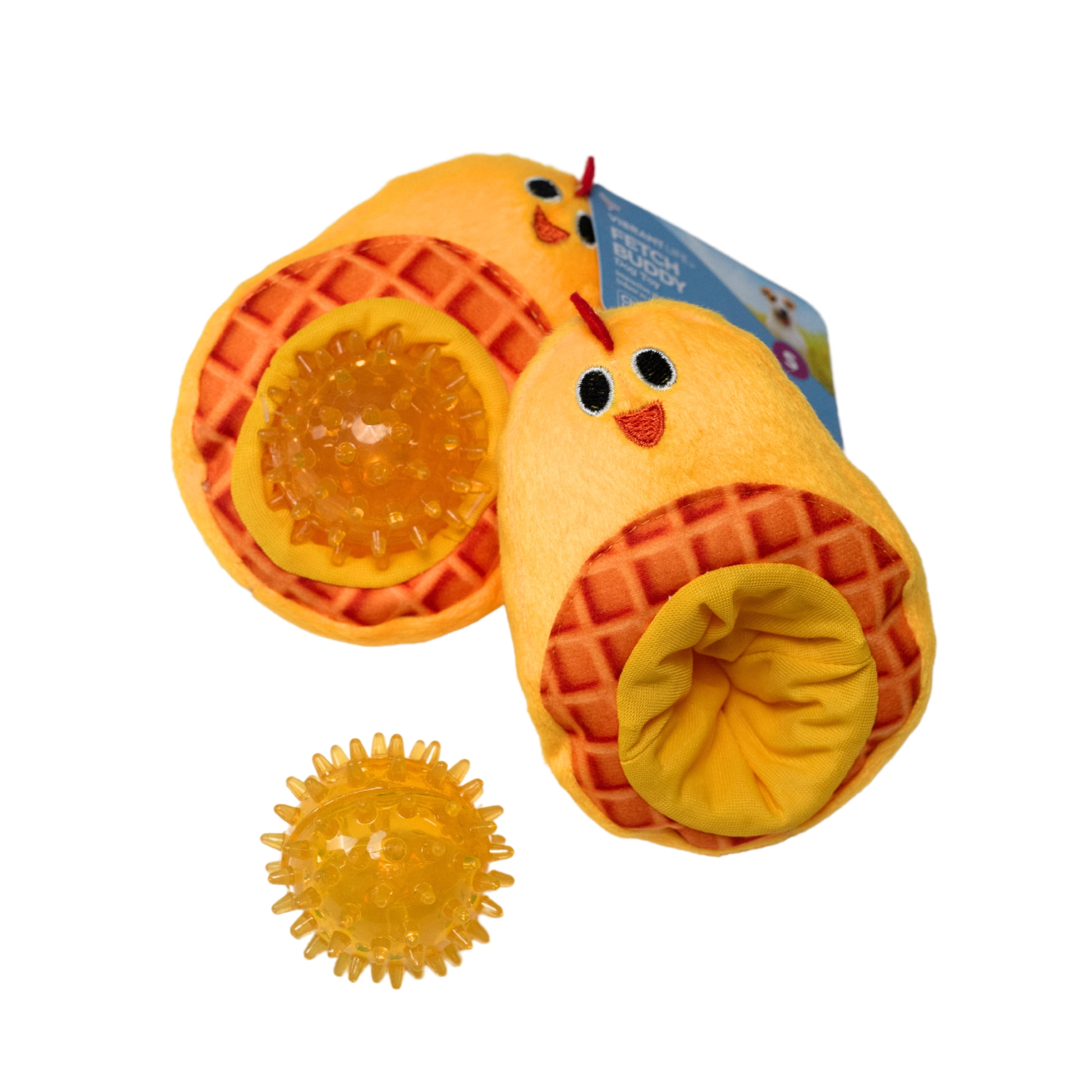 Vibrant Life Fetch Buddy Chicken Waffle Plush Dog Toy with Detachable Spikey Ball, Chew Level 1