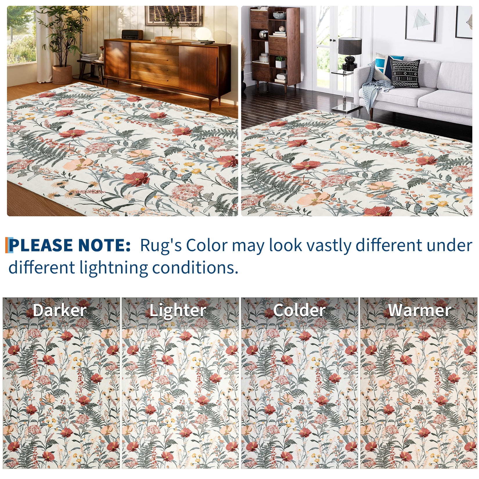 HOMERRY Washable 5' x 7' Area Rug for Living Room Farmhouse Modern Floral Beige Rug Non Shedding Indoor Carpet