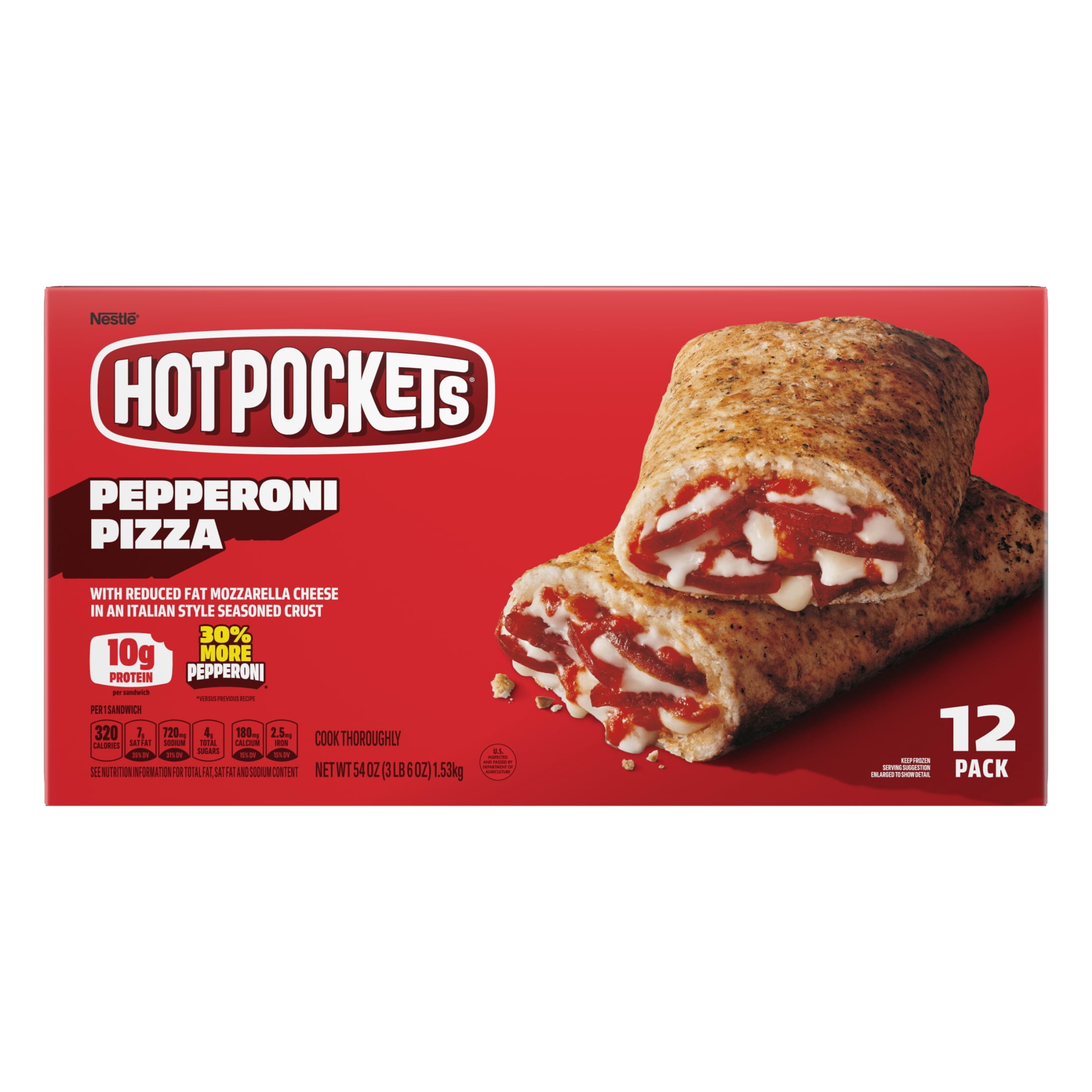 Hot Pockets Frozen Snacks Pepperoni Pizza, Italian Style Seasoned Crust, 54 oz, 12 Pack (Frozen)