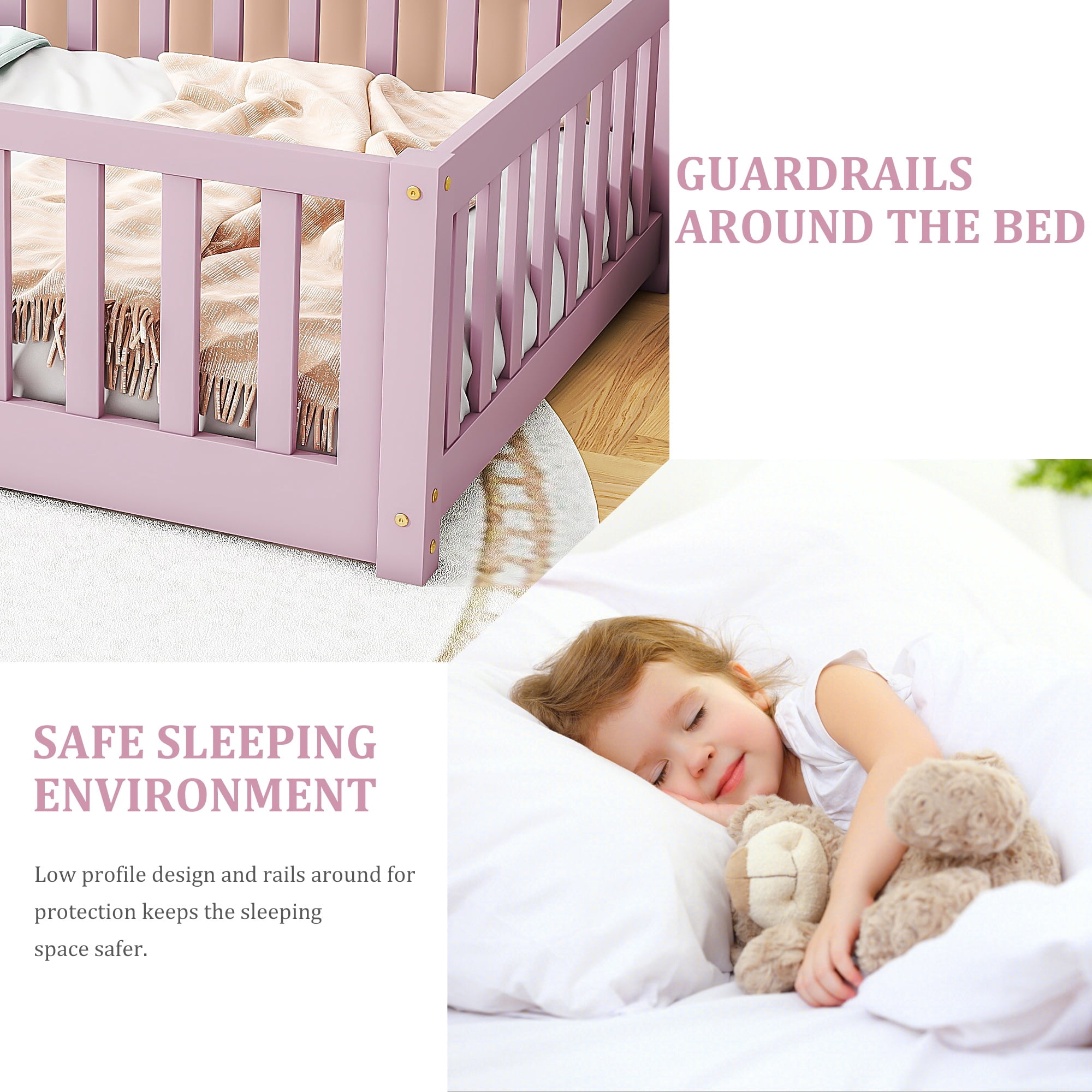 Twin Size Kids Toddler Floor Bed with Door and Fence, UHOMEPRO Montessori Floor Bed with Slats and Safety Guardrails, Solid Wood Twin Bed Frame for Bedroom, Pink