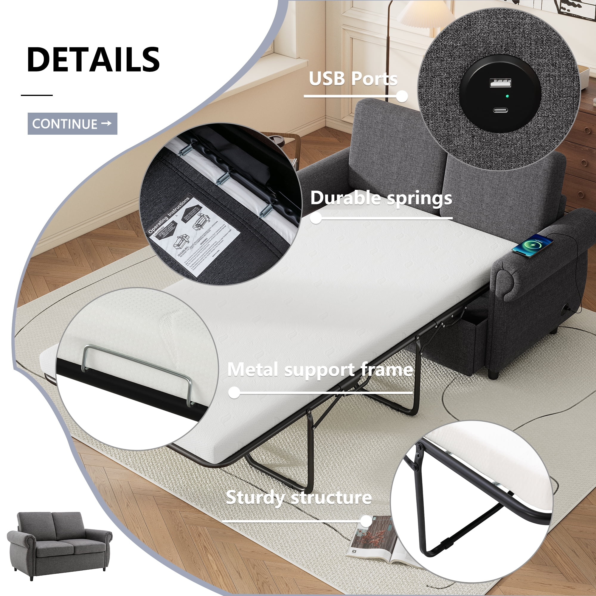 Harper & Bright Designs Pull Out Couch Bed with Memory Mattress, Twin Size Convertible Sofa Bed with USB Ports, Loveseat Sleeper for Living Room Apartment, Grey