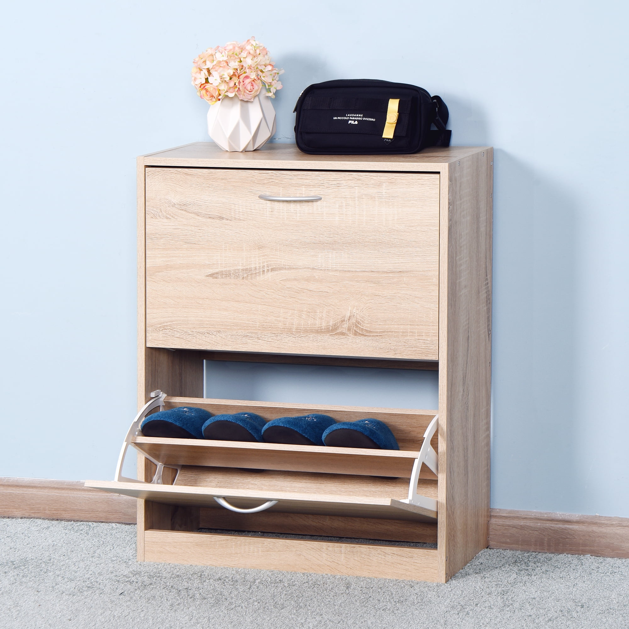 Spaco 2-Flip Drawers Shoe Rack, Wooden Shoe Storage Cabinet for Entryway, Natural Spaco 2-Flip Drawers Shoe Rack, Wooden Shoe Storage Cabinet for Entryway, Natural