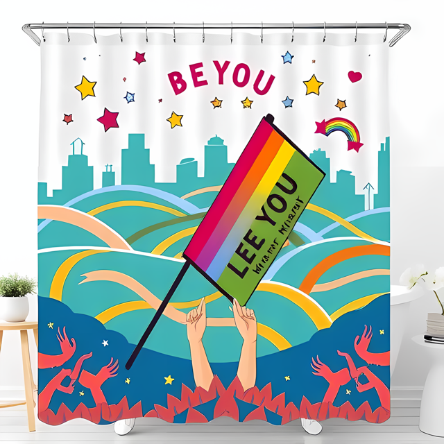 Vibrant Cityscape Shower Curtain with Rainbow Flag - "BE YOU YOU" - Celebrate Pride & Community