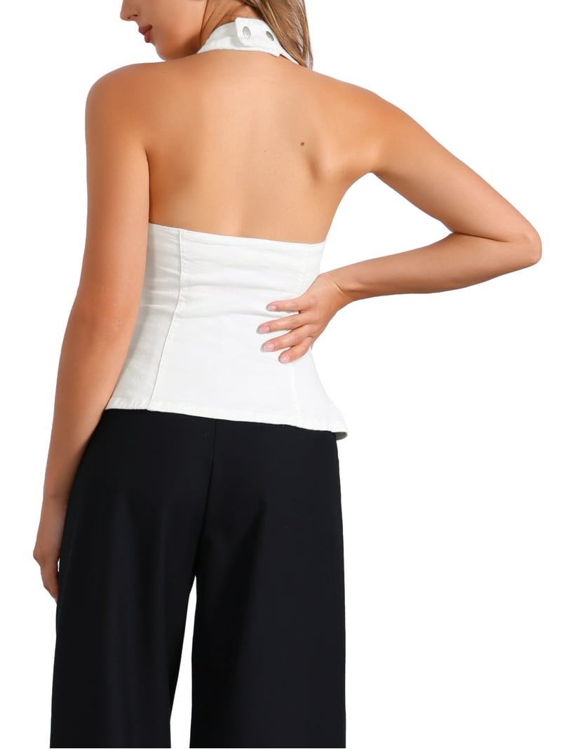 Inspire Chic Women's Denim Vest Halter Neck Button Down Backless Jean Waistcoat XL White