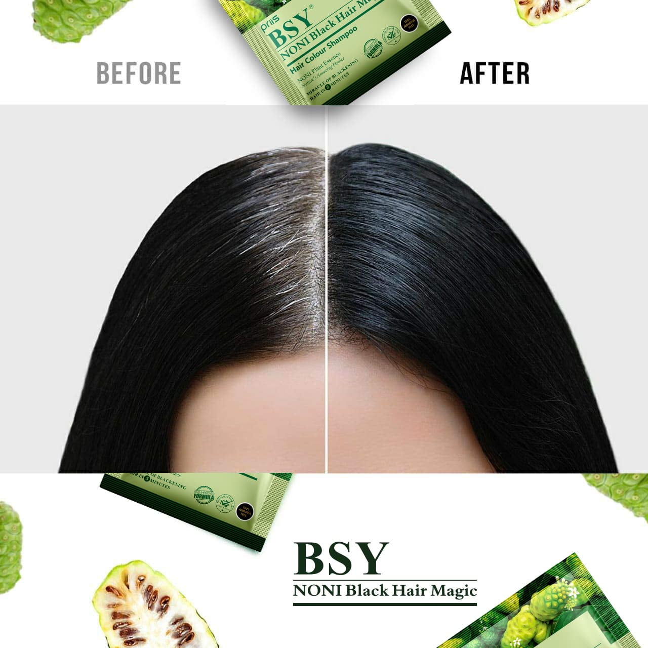 BSY Noni Black Hair Magic Hair Dye Shampoo, 12 ml-Pack of 24 Sachets | 100% Ammonia Free | Fruit based Hair Color Shampoo | Black Hair Dye | 5 minutes hair color | noni hair color | Anti Dandruff