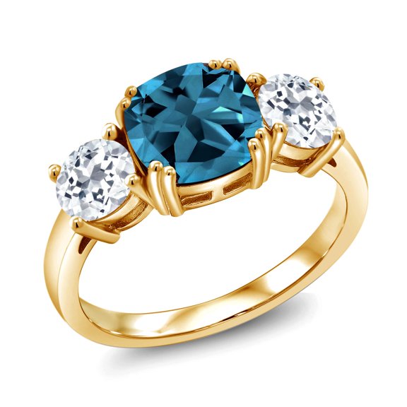 Gem Stone King 18K Yellow Gold Plated Silver London Blue Topaz and White Topaz 3 Stone Engagement Ring for Women (3.85 Cttw, Gemstone November Birthstone, Cushion 8MM, Size 7)