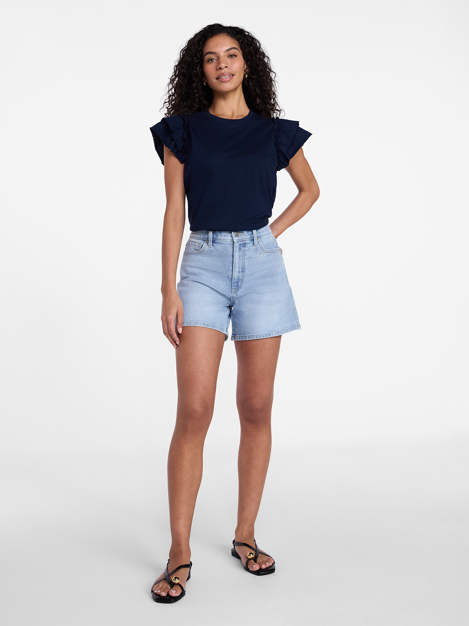 Time and Tru Women's Cotton Crewneck Tee with Ruffle Flutter Sleeves, Sizes XS-XXXL