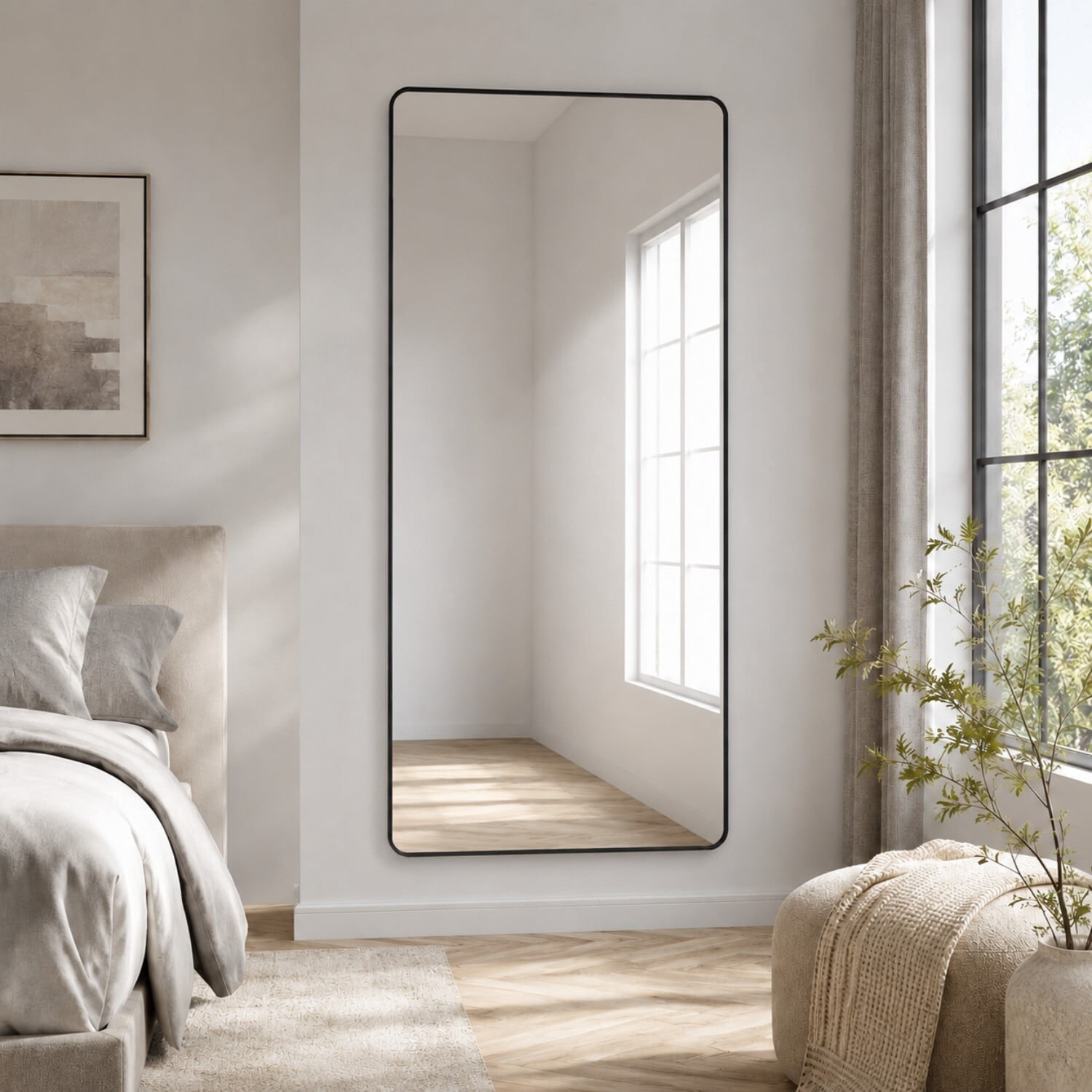 Easy4Home 71"x30" Rectangular Full Length Mirror Round Corner Freestanding Wall Mirror with Metal Frame, Black