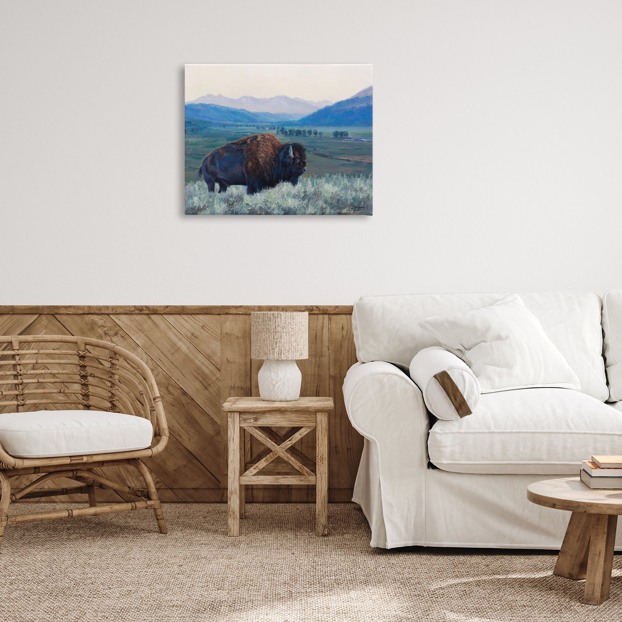 Stupell Industries Bison & Country Mountains Animals & Insects Painting Gallery Wrapped Canvas Art Print Wall Art, 30 x 24