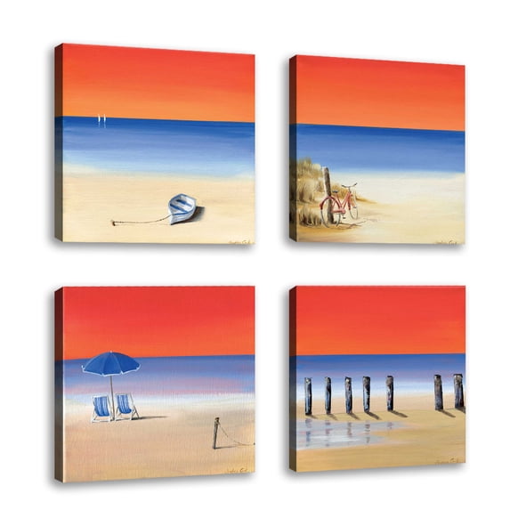 Set of 4 - Red sky beach IV - Contemporary Fine Art Giclee on Canvas Gallery Wrap - wall décor - Art painting - 24 x 24 Inch - Ready to Hang