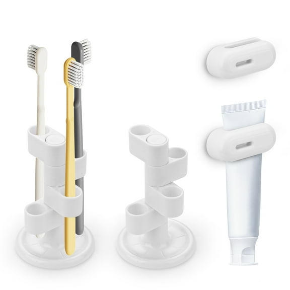 LELE LIFE Toothbrush and Toothpaste Holder for Bathroom, 360°Rotatable 4 Slots Toothbrush Organizer Countertop Stand and Toothpaste Wall Clip for Single, Family, 4 Pack