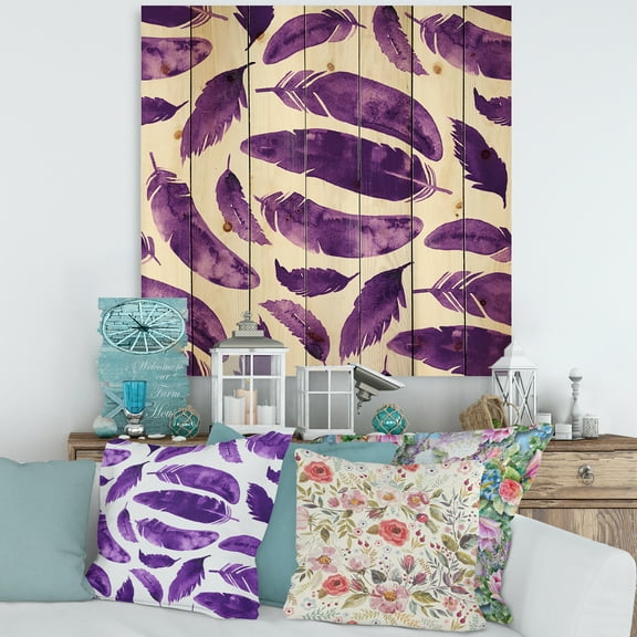 Designart 'Ethnic VIolet Feathers On White' Bohemian & Eclectic Print on Natural Pine Wood