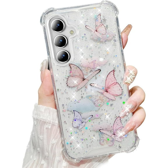 for Samsung Galaxy A15 Clear Case, Cute Bling Butterfly Flexible Soft TPU Silicone Sparkle Stars Shockproof Bumper Protective Phone Cover Case for Woman Girl for Samsung Galaxy A15 5G, Pink
