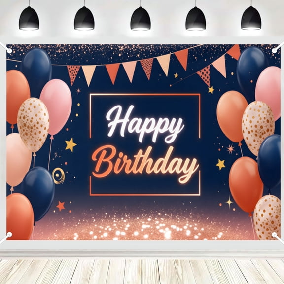 Happy Birthday Backdrop, Navy Blue Orange Pink Balloon Photo Background Banner for Birthday Party Decorations, Photography Booth Props 16x24in