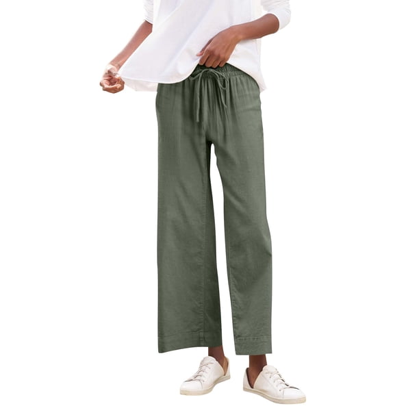 Pantalones de lino para mujer: pantalones de trabajo de pierna ancha y cintura alta con cordones, estilo informal de negocios con bolsillo para cinturón, estilo liso/estampado, tallas S-XXL.