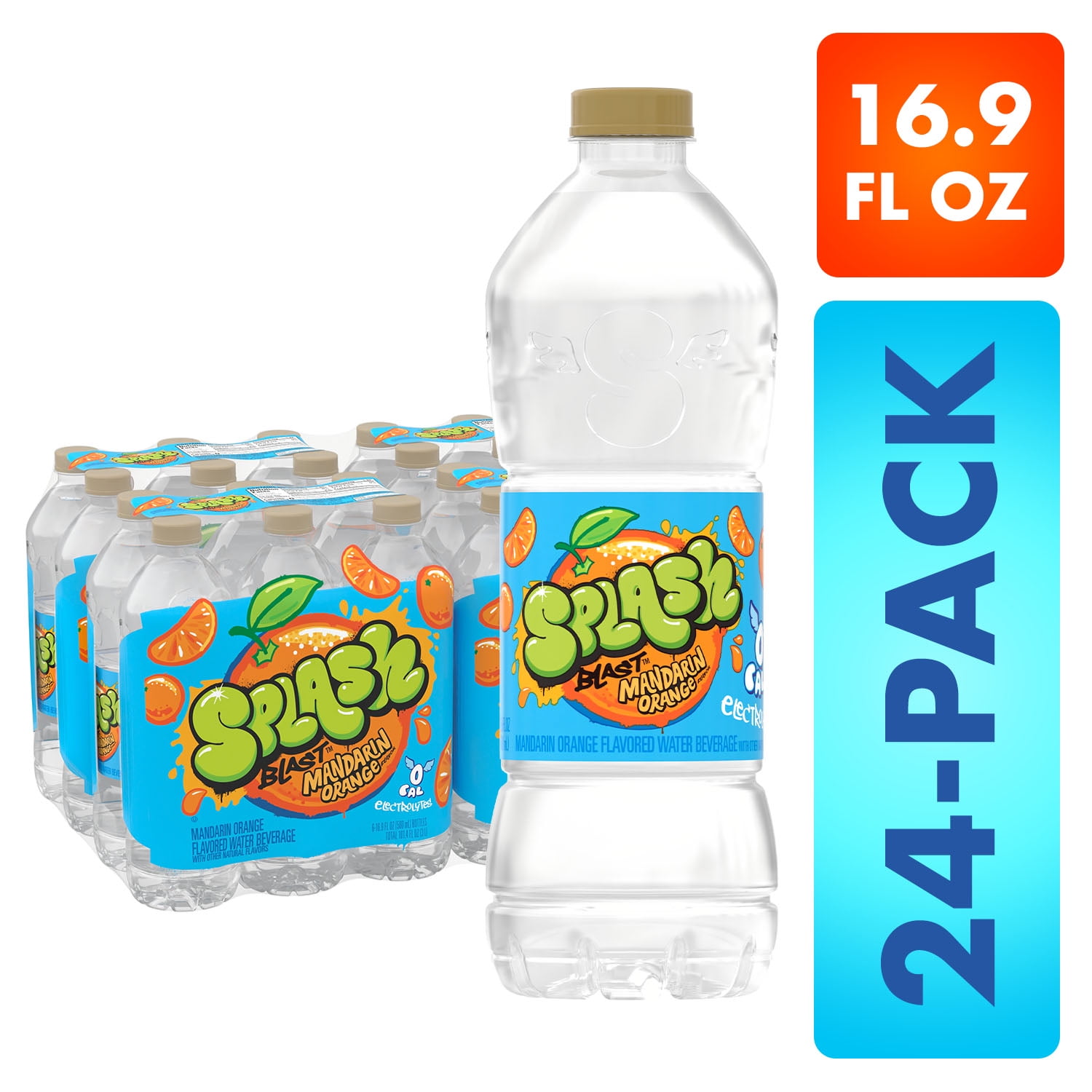 Splash Blast, Mandarin Orange Flavor Water Beverage, 16.9 FL OZ Plastic Bottles (24 Count)