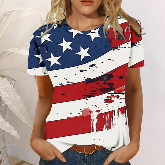 Qetyuw 4th of July Shirts for Women Funny Patriotic Red White and Blue Print Tshirts Elegant Short Sleeve Tees Soft Crewneck Blouses Tops Work Tops for Women