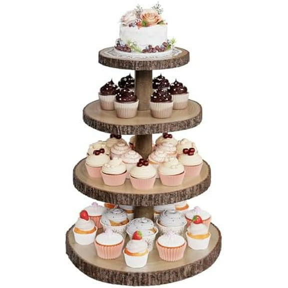 Wood Cupcake Stand, 4 Tier Wooden Cupcake Tower, Large Rustic Cupcake Display Holder Stand, Tiered Dessert Stands for Farmhouse Decor, Baby Shower, Wedding, Birthday, Party