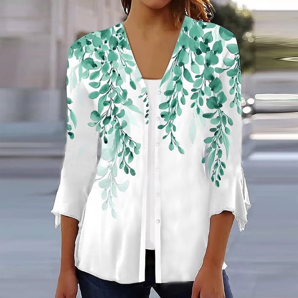 ICHUANYI Clearance Fashion Women Summer 3/4 Sleeve Cardigan Solid Color Casual Blouse Tops(Army Green, XL) ICHUANYI WER2023081107455