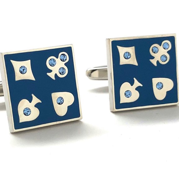 Blue Enamel Gambling Cufflinks – Crystal-Studded Card Suit Design, Casino Dealer Gift