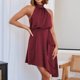 thumbnail image 1 of Vestido Corto De Raso Vestido elegante para mujer Traje de vacaciones sin espalda con ajuste holgado irregular (Rojo vino XL) Cgtredaw Para estrenar, 1 of 1
