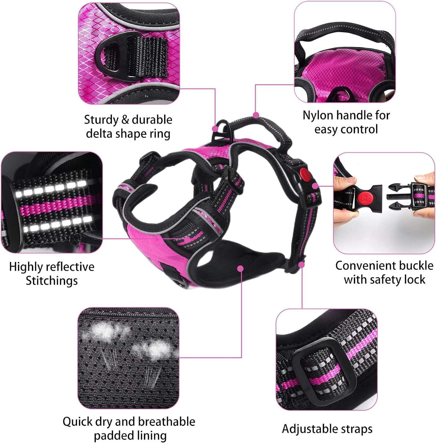 SYEENIFY No Pull Dog Harness, Adjustable Soft Padded Dog Vest, Medium Large Dog Harness with 5FT Dog Leash,Reflective No-Choke Pet Oxford Vest with Easy Control Handle pink small