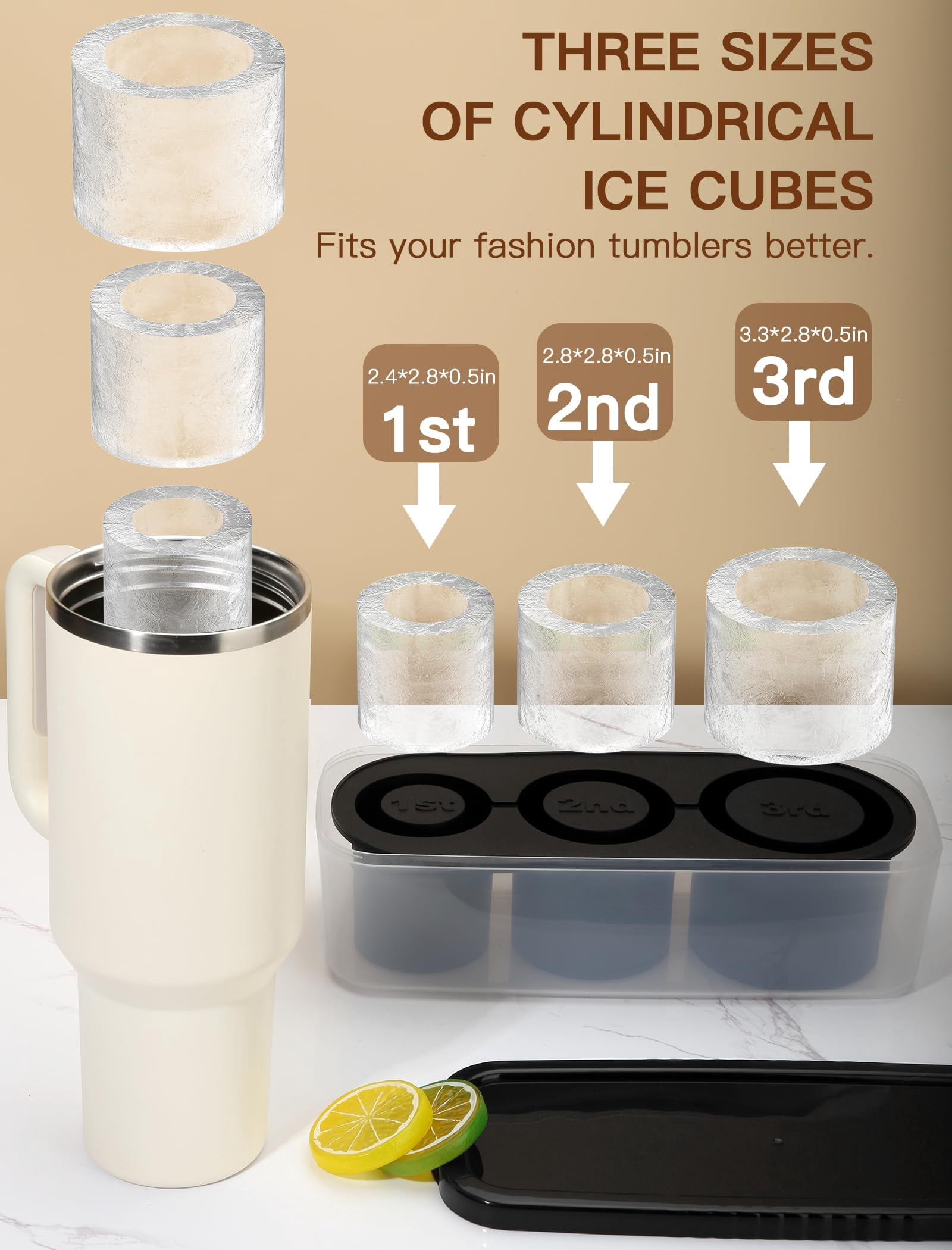 Ice Cube Tray For Tumbler Cup 30oz-40oz  3 Silicone Cylinder Mold With Lid And Bin Freezer Easy Fill Release Maker Cocktail (black 40oz-type1)