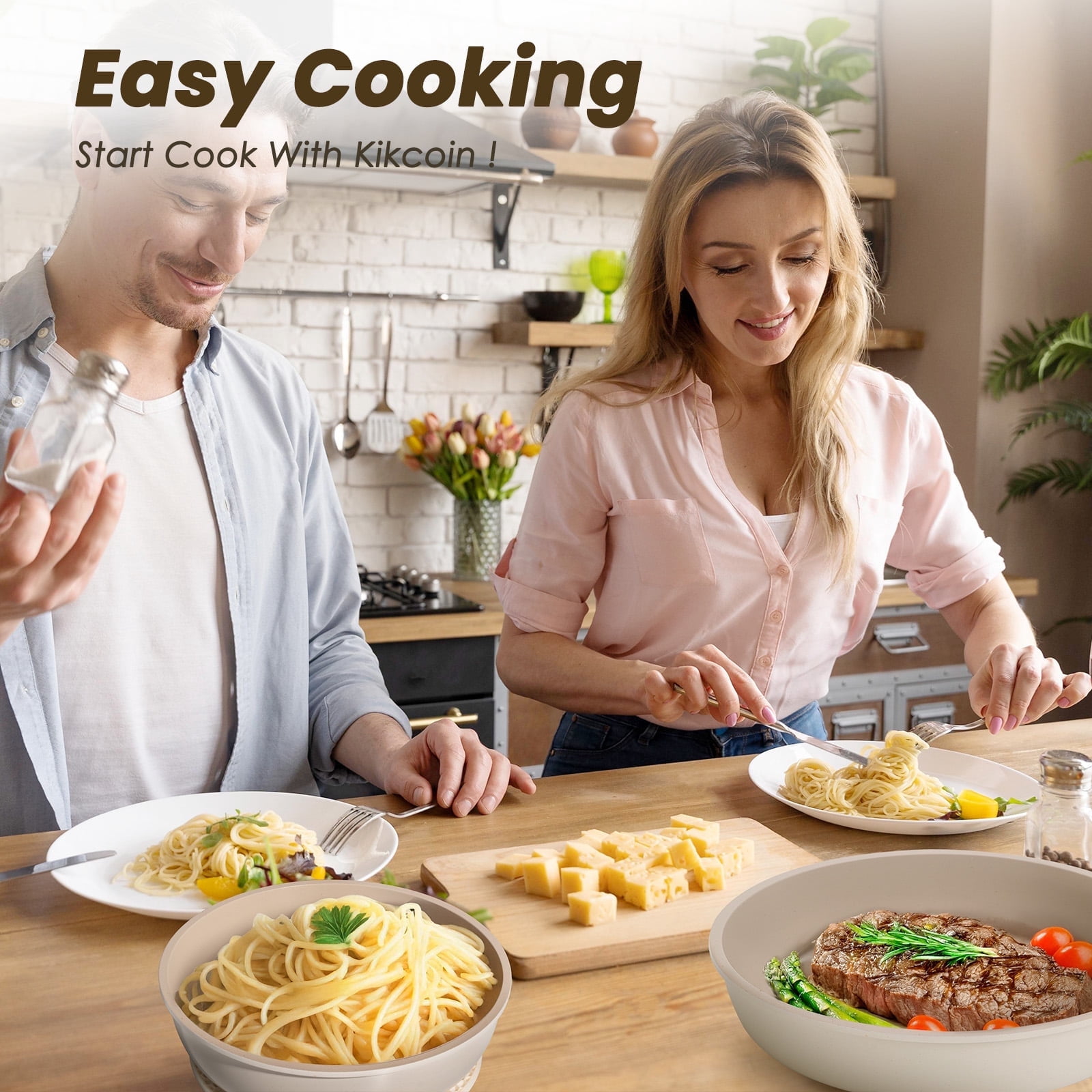 Kikcoin 19 Pcs Non-Stick Pots and Pans Set, Non-Toxic Coating Cookware Set with Removable Handles, Induction/Oven Safe to Use(Beige)