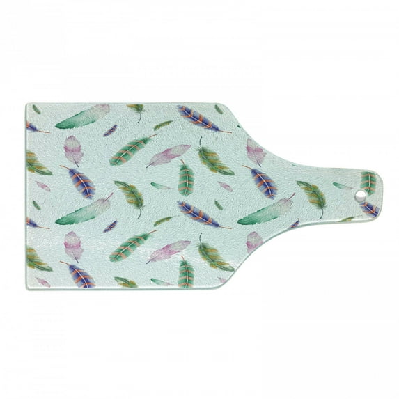 Feathers Cutting Board, Irregular Watercolors Bird Feather Patterns in Soft Pastel Mint Plumage Design, Tempered Glass Cutting and Serving Board, Wine Bottle Shape, Multicolor, by Ambesonne