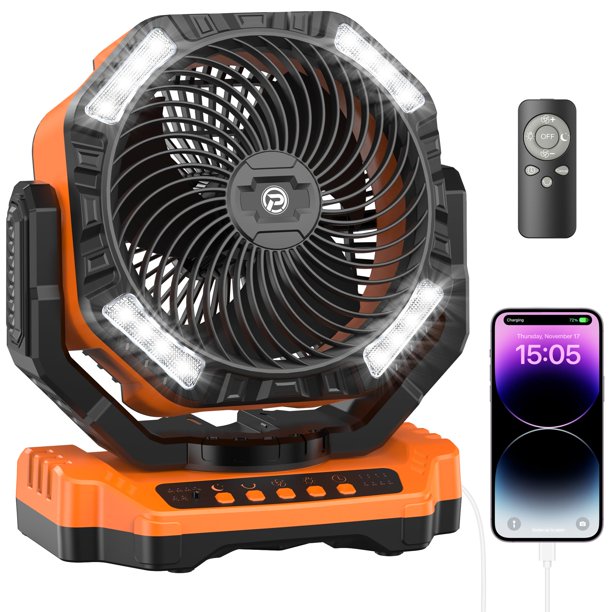 Ventilador recargable KITWLEMEN de 4000 mAh con mando a distancia y luz LED