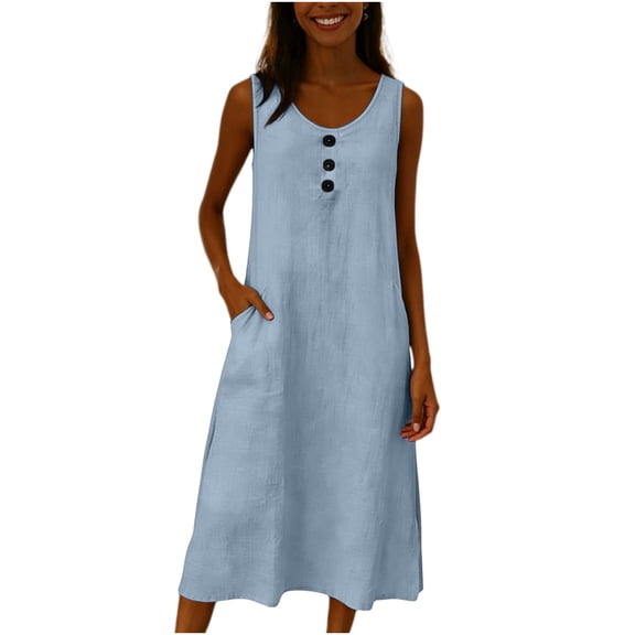 ClodeEU Women's Linen Blend Crinkle Sleeveless Crewneck Dress with Button and Pockets ,Solid Color Casual Midi Dress Light Blue,Womens Plus XXL