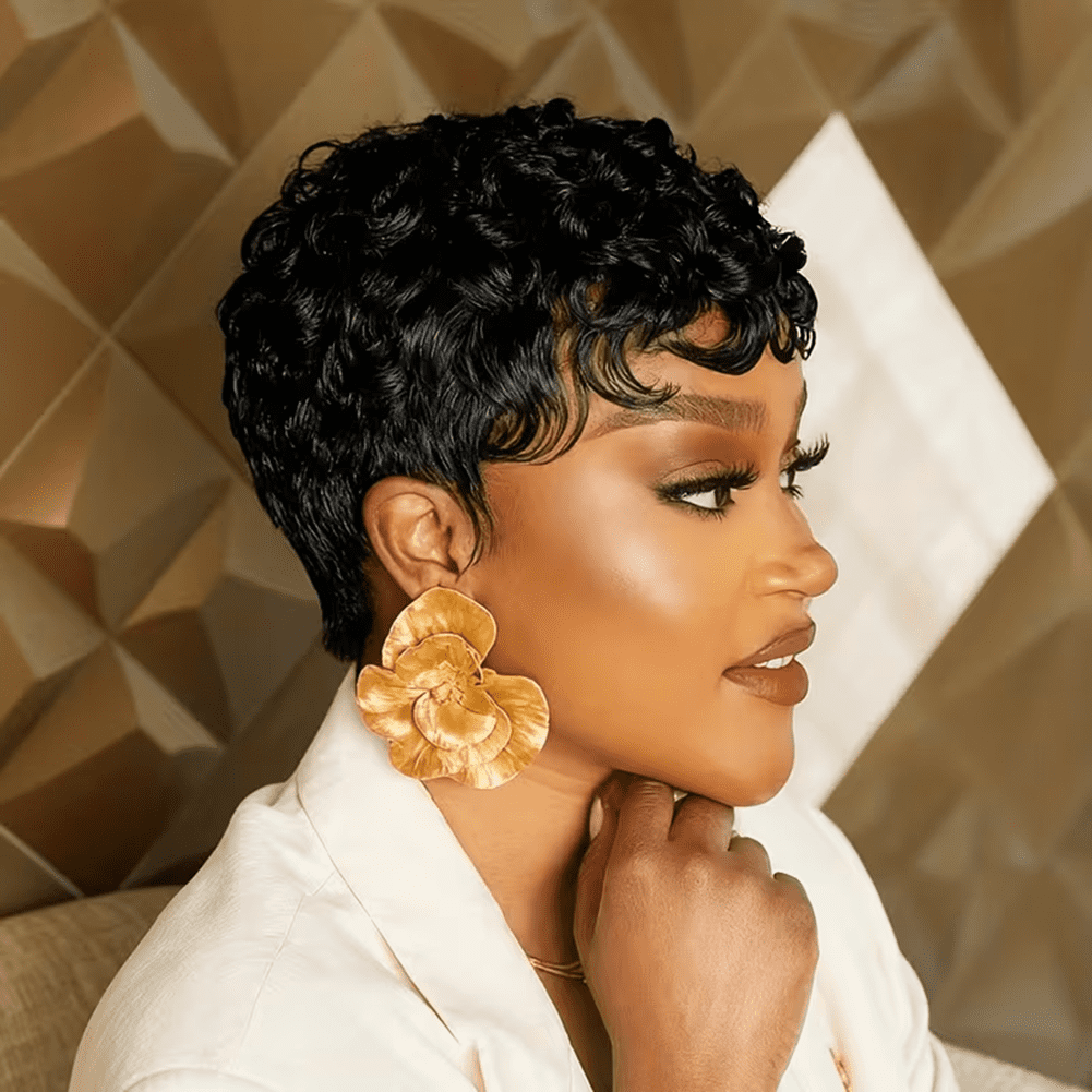 Short Pixie Cut Wig Human Hair Glueless Pixie Cut Wigs Layered Curly Wavy Full Machine Made Wigs With Bangs Natural Black Color for Daily Use