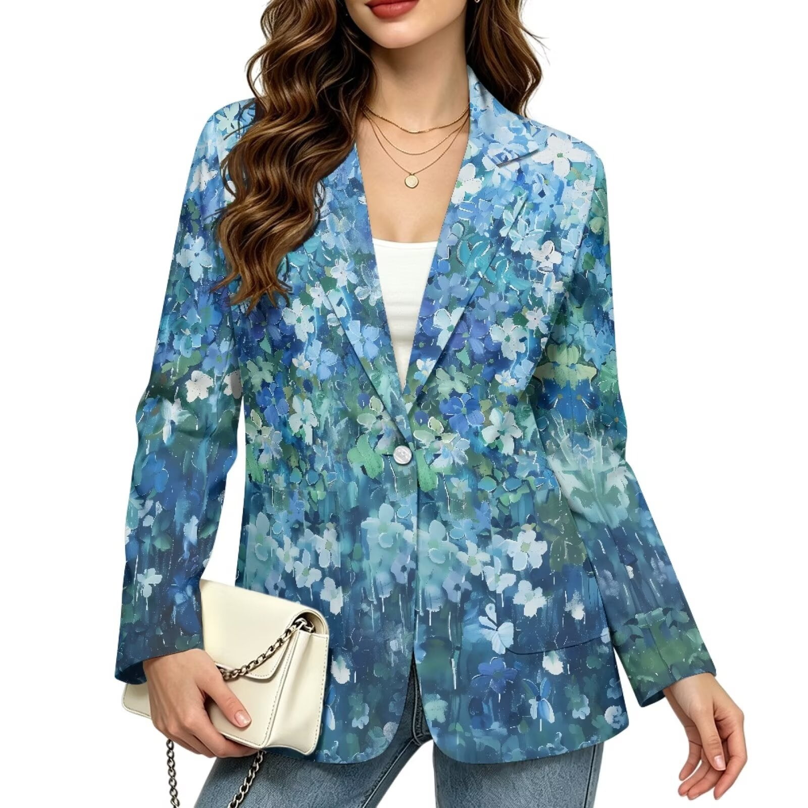 Xixirimido Artistic Blue Floral Women s Casual Blazer Suit Jacket M Long Sleeve Suit Jacket with Pockets Notched Lapel Work Office Casual Blazers Open Front Fall Winter Outfit